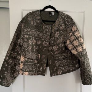 Divided Olive Green & Beige Quilted Paisley Patchwork Bomber Jacket